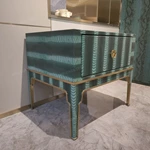 Green Embossed Leather Sofa Side Table with Single Drawer, Orange Interior and Gold-Tone Stainless Steel Trim